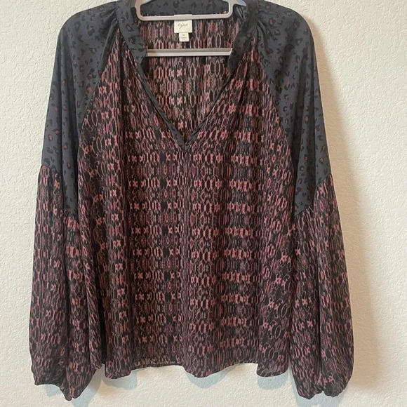 Roan + Ryan Annabelle V Neck Womens Blouse Size Large Animal Print Long Sleeve - Picture 6 of 12